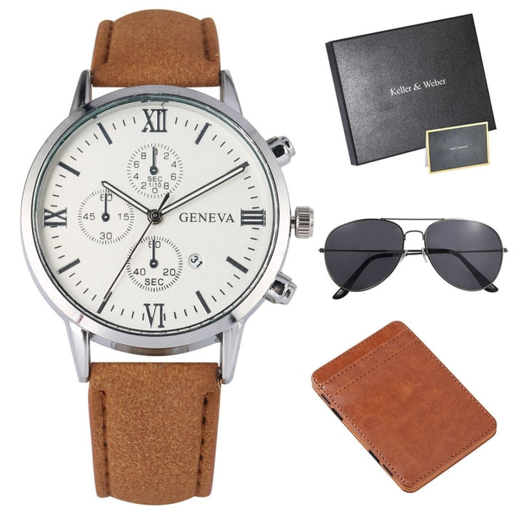 Kit presente-relógio-prata-carteira-marrom-óculos-de-sol